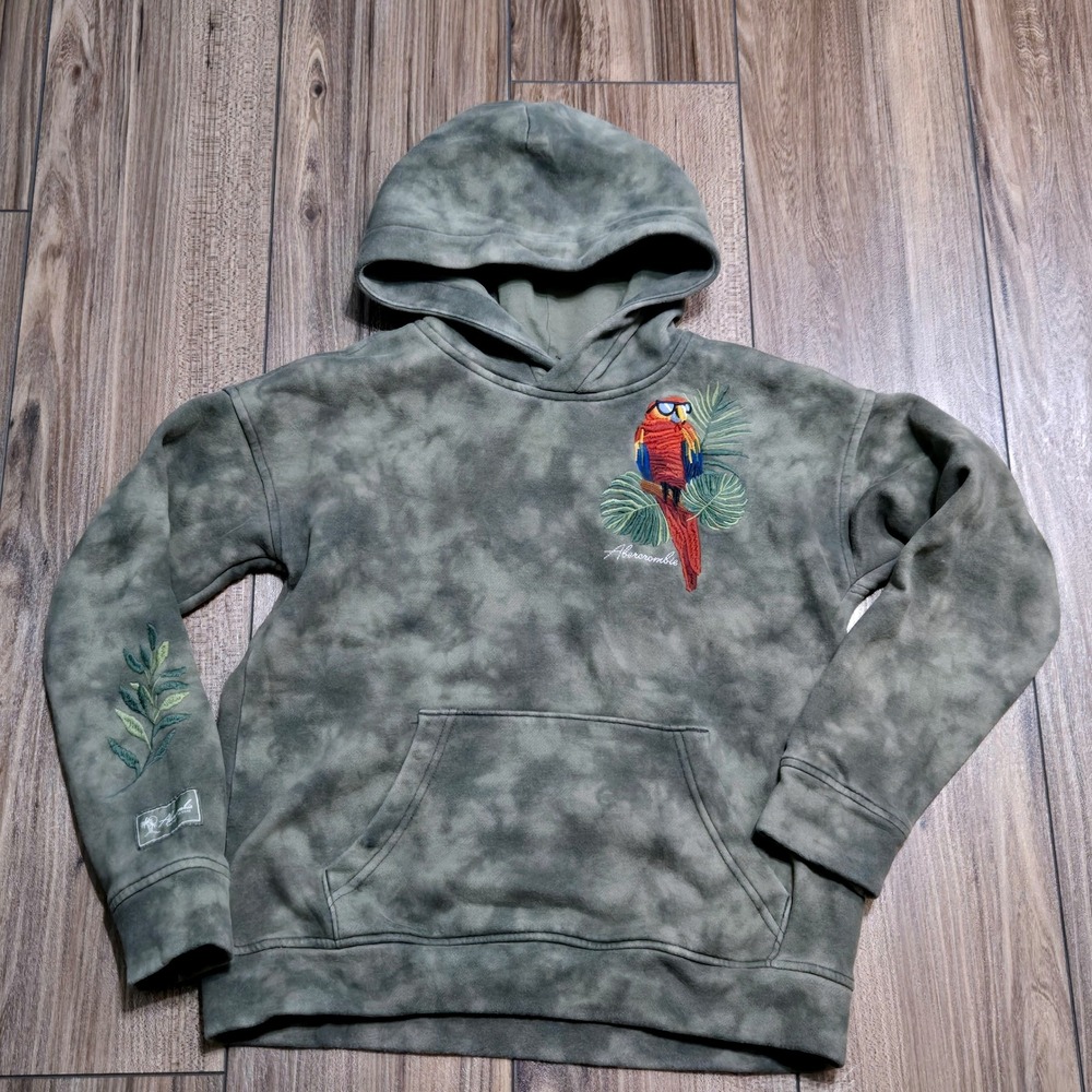Abercrombie Kids Olive Green Acid Wash Embroidered Parrot Tropical Hoodie 11/12 - Picture 2 of 7